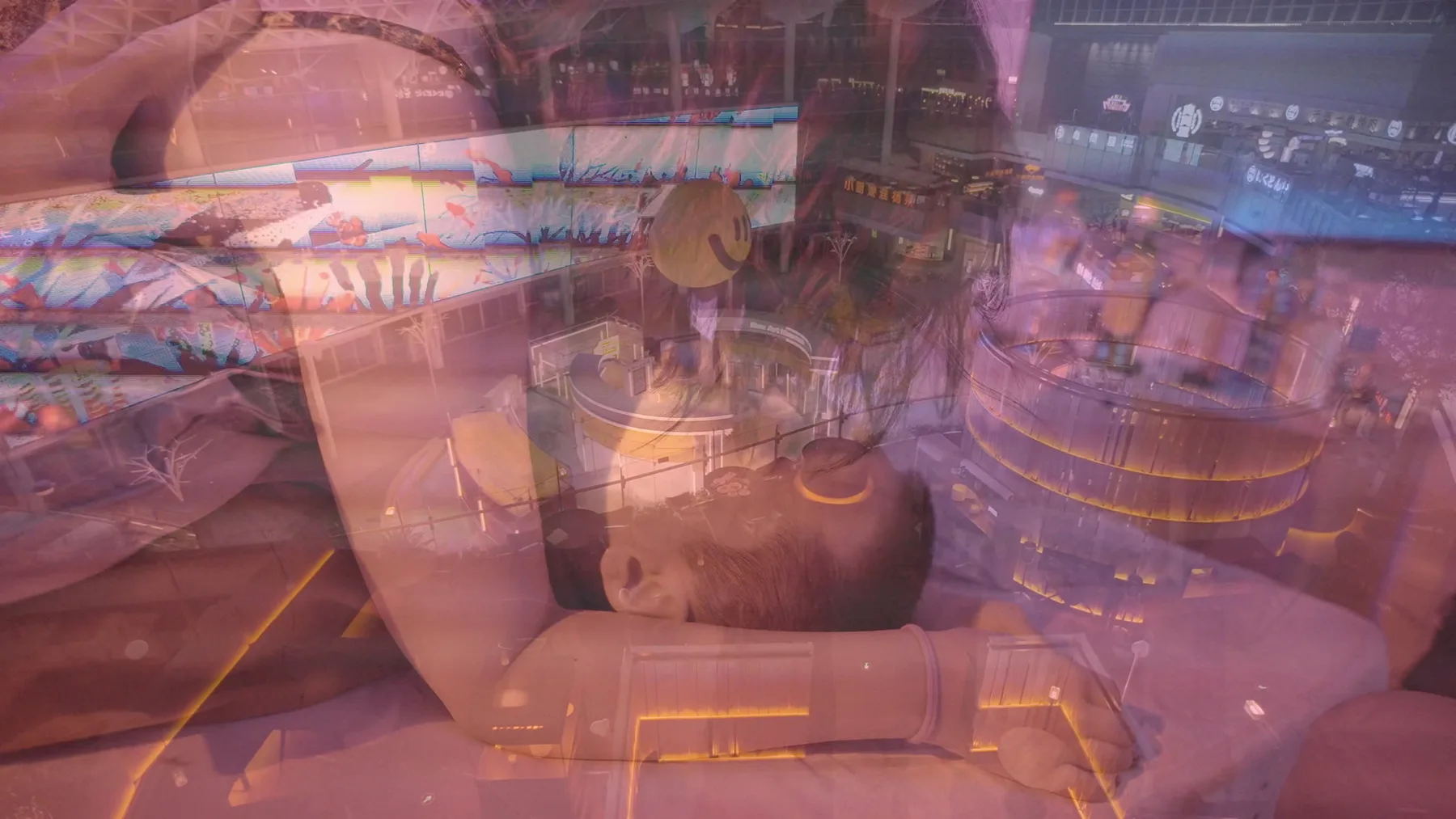 A reflected figure and an architectural field overlap in a film still from Human Surrender.